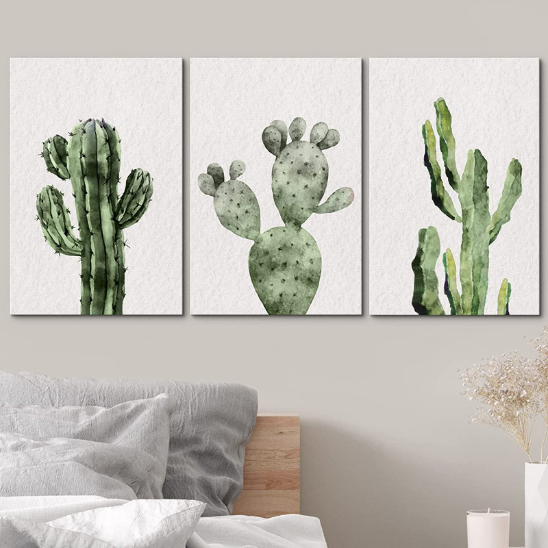 Minimal Botanical Green Southwestern Cactus Deser Western Botanical Framed Canvas 3 Pieces Painting Print Wall Art 24 H x 48 W x 1.5 D White